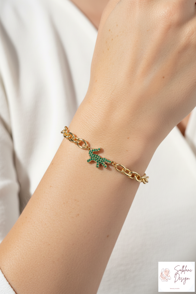 Pavé Green Alligator Magnetic Clasp Link Chain Bracelet