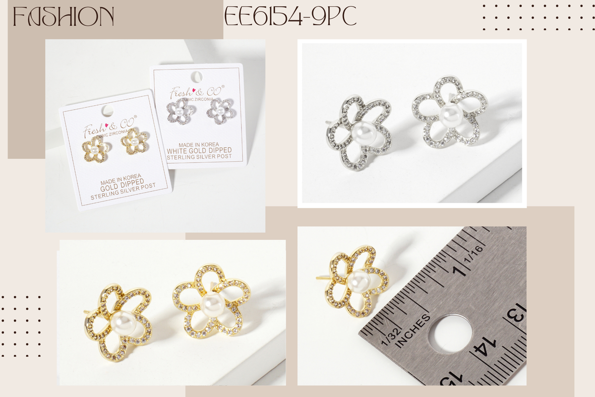 Botanical-Theme Pave-Set Pearl Flower Stud Earrings