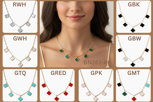 5-Clover Charm Paperclip Link Station Necklace