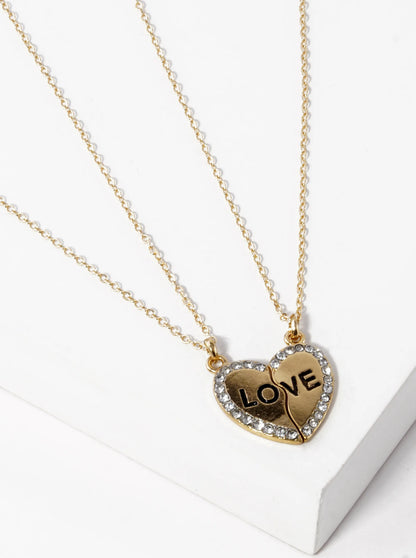 2 Pieces Set Love Engraved 20mm Two Half Heart Pendant Necklaces