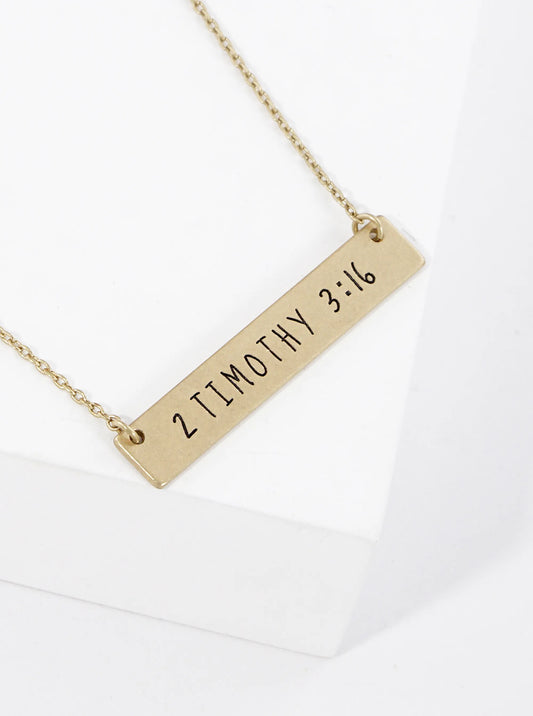 2 Timothy 3 16 Engraved Horizontal Bar Pendant Necklace