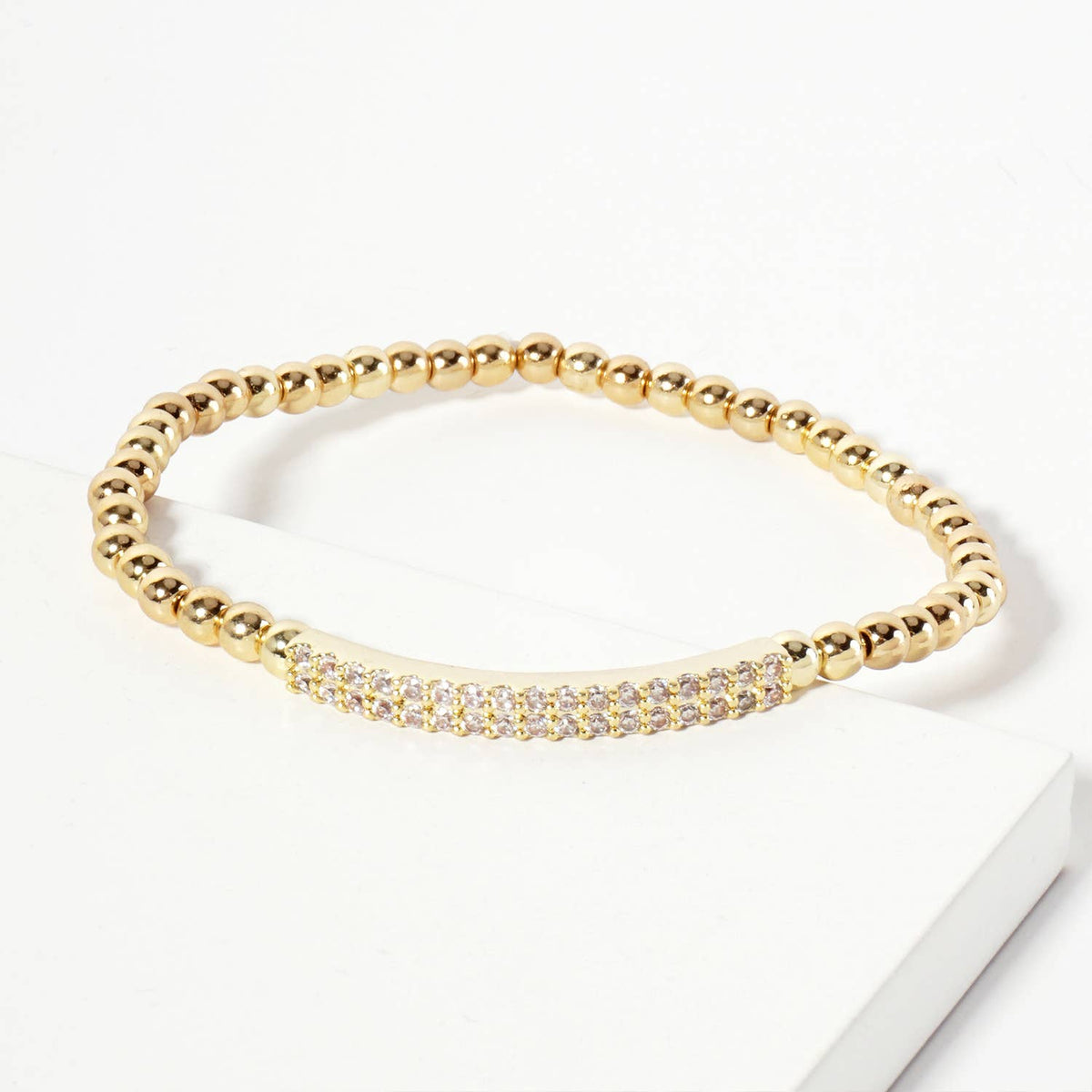 Beaded Stretch with CZ Pave-Set Curved Bar Accent Bracelet