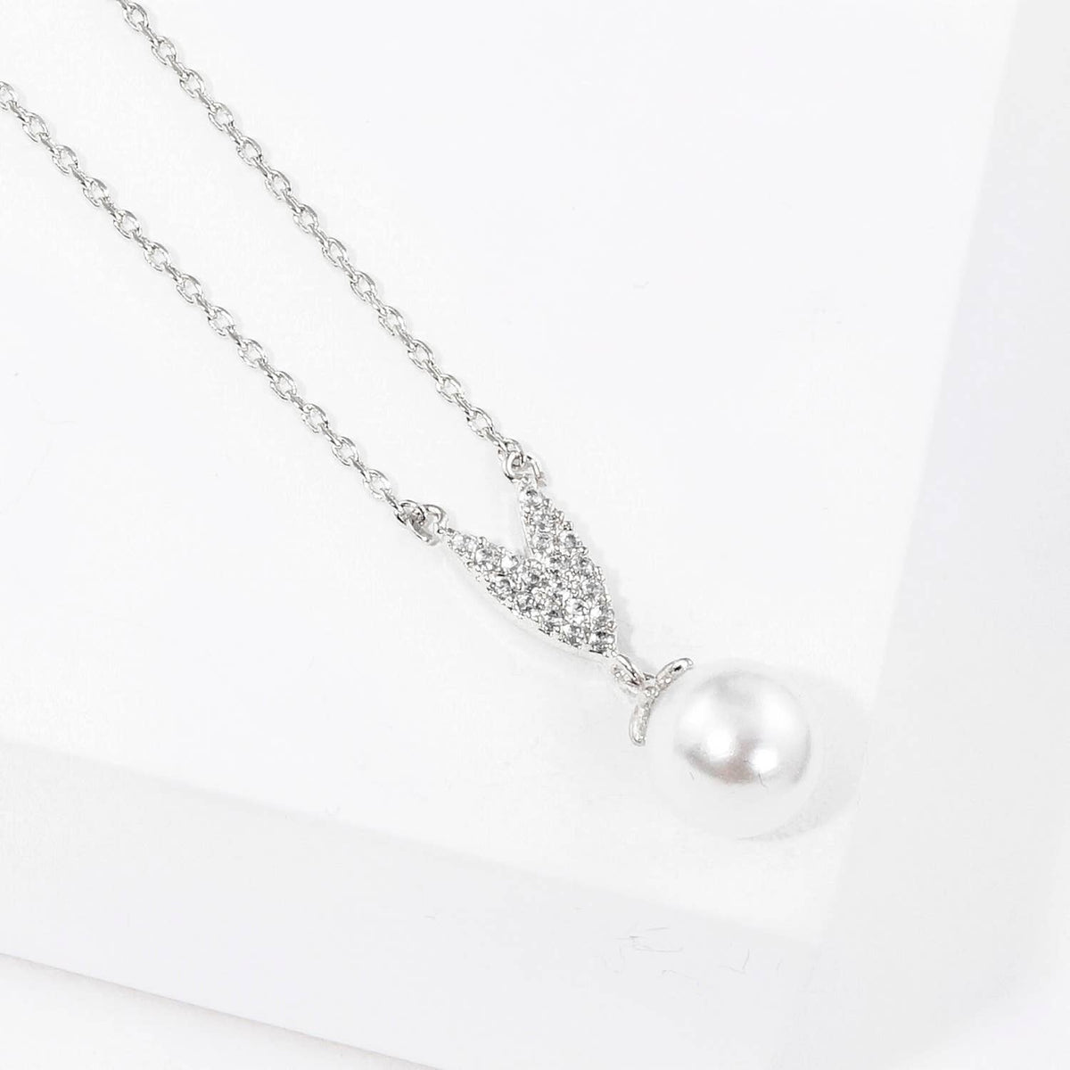 V-Shape Pavé Accent and Pearl Drop Bridesmaid Necklace