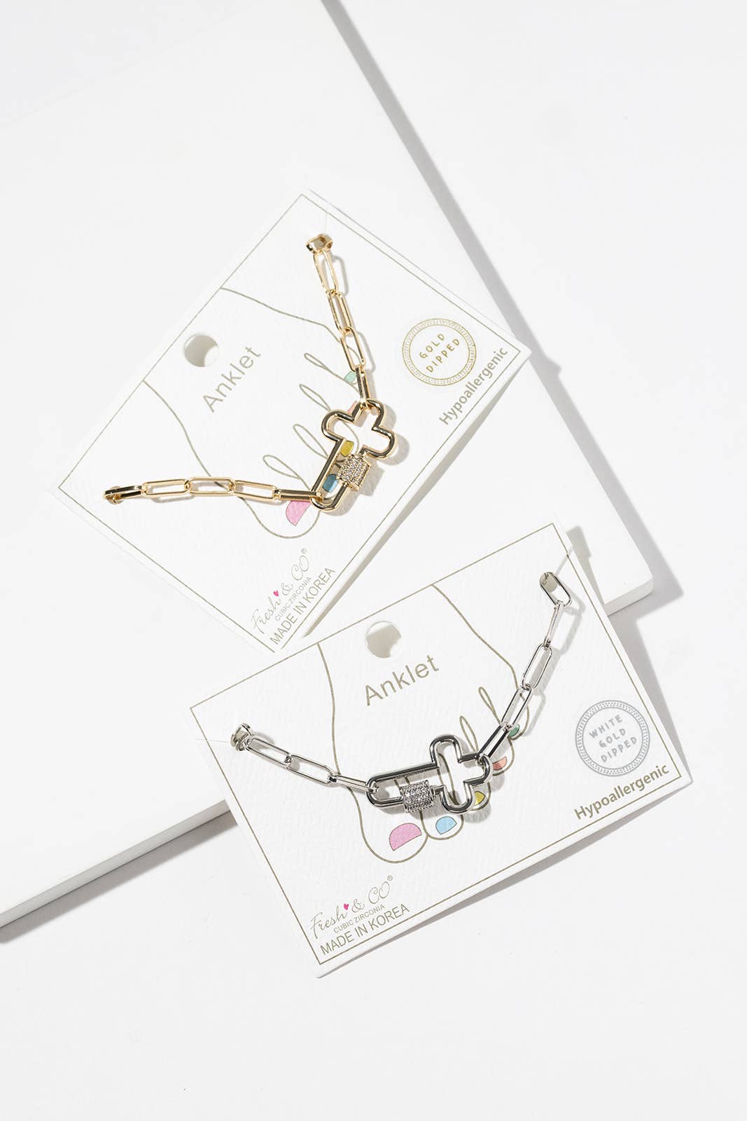 Cubic Zirconia Carabiner CROSS Paperclip Chain Anklet