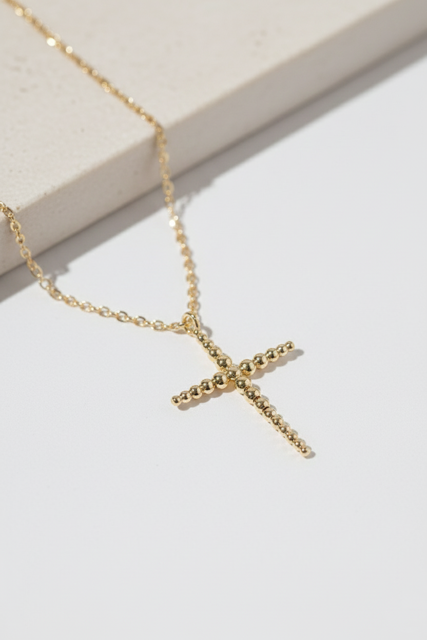 Dainty Beaded Cross Pendant Necklace.