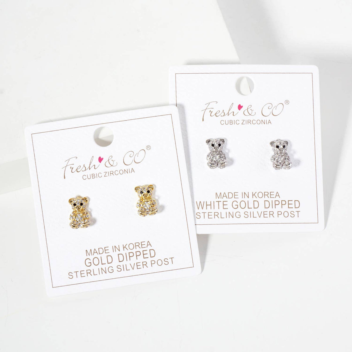 Minimalist Pave-Set Teddy-Bear with Bow Stud Earrings