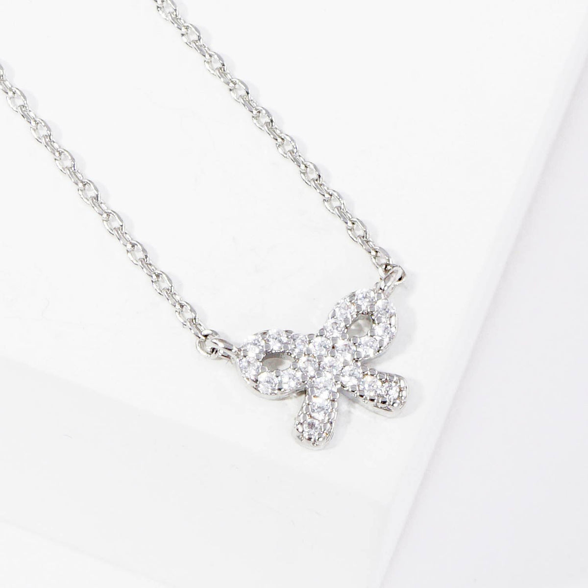 Dainty Pave CZ Bow Ribbon Necklace