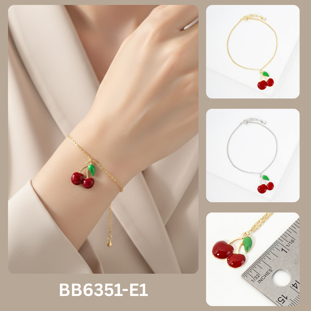 Enamel Cherry Charm Delicate Chain Bracelet