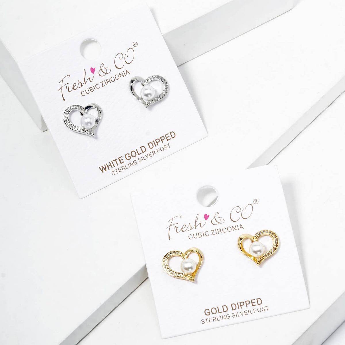 Cubic Zirconia Pave Open Heart Pearl Stud Earrings