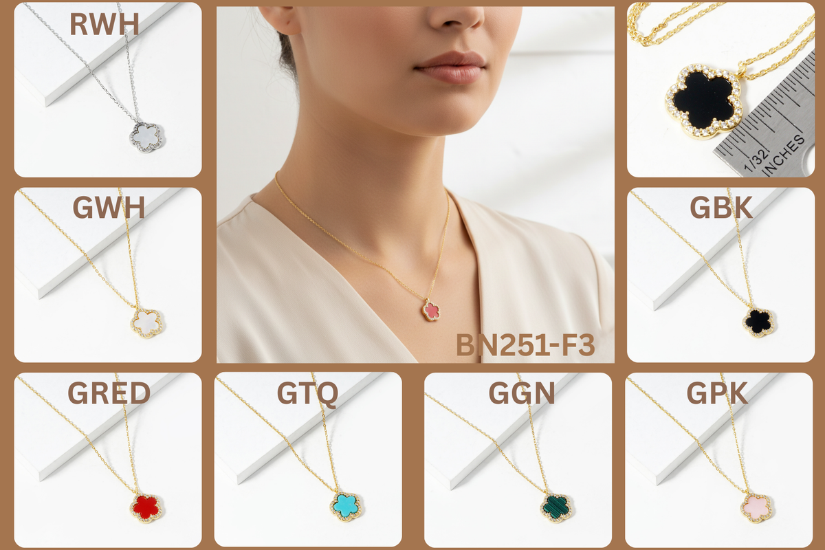 Clover Flower Pendant Necklace with Crystal Border