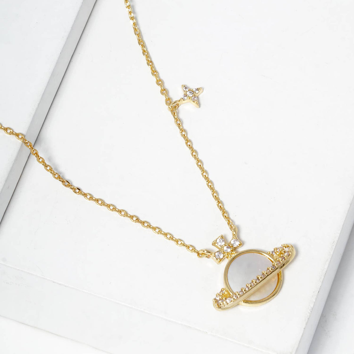 Celestial Saturn Mother of Pearl Charm Necklace