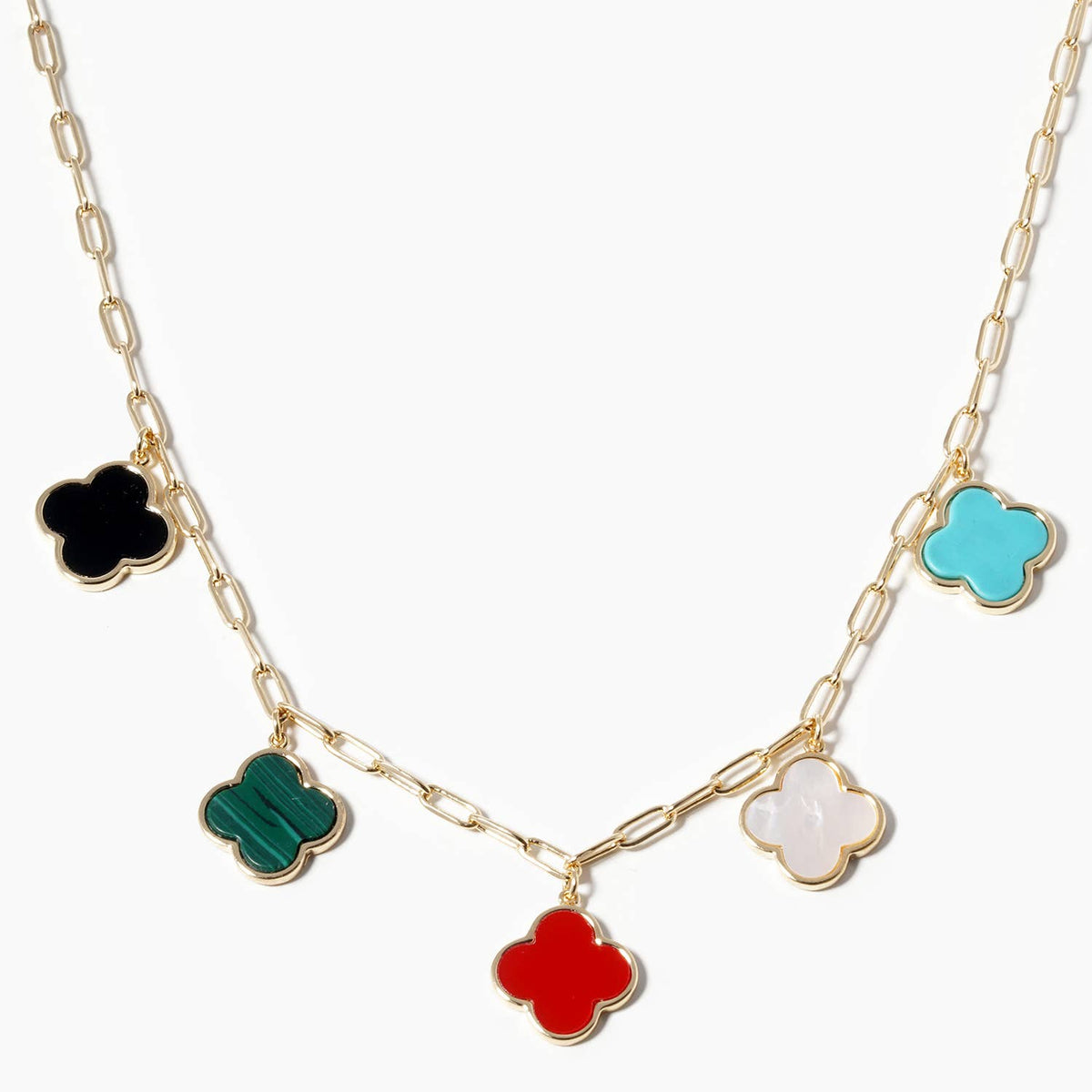 5-Clover Charm Paperclip Link Station Necklace