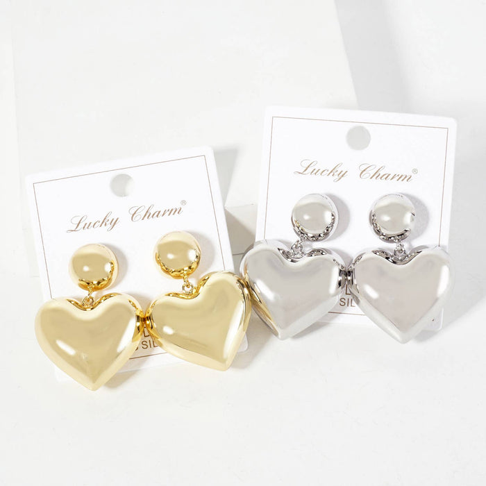 Polished Brass 1-inch Puffy Heart Drop Dangle Earrings
