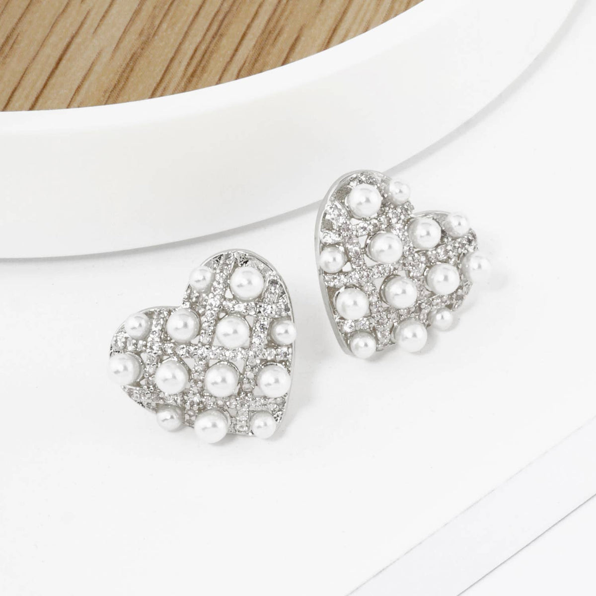 18K Gold Dipped Pearl Beaded Cubic Zirconia Heart Stud