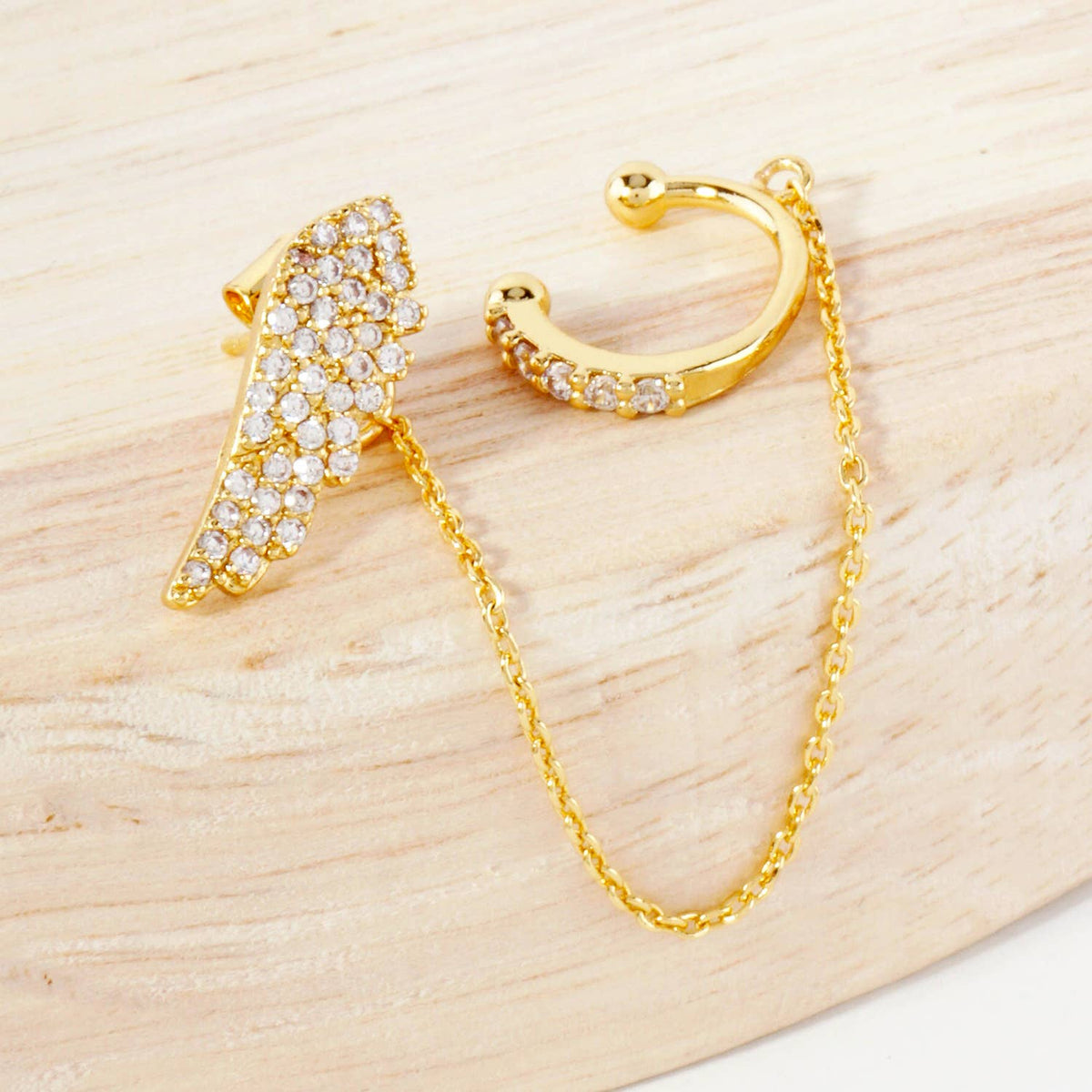 Angel-Wing Stud and Ear Cuff Drape Chain Earring Set
