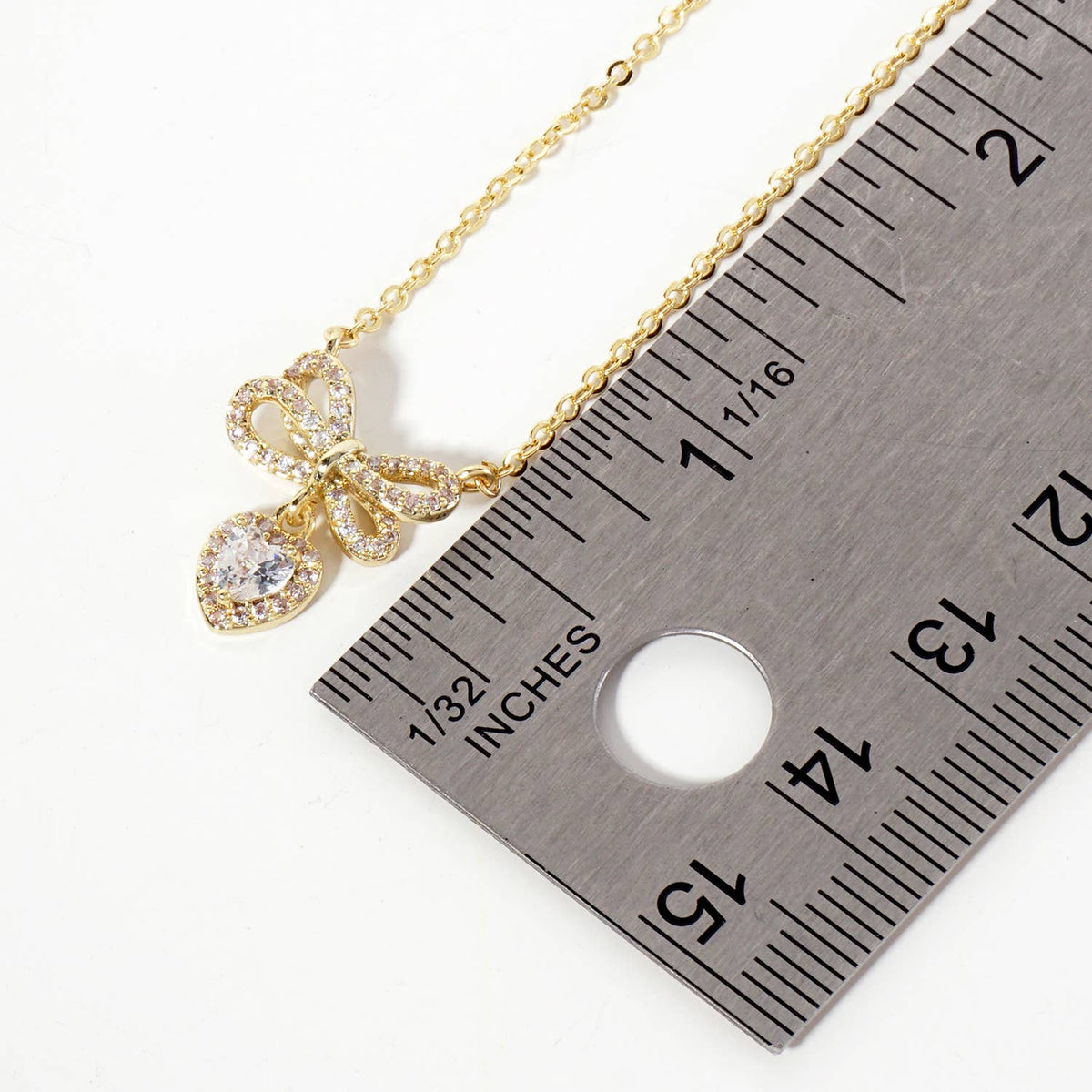 Heart CZ Drop Bow Pendant 18K-Gold-Dipped Brass Necklace