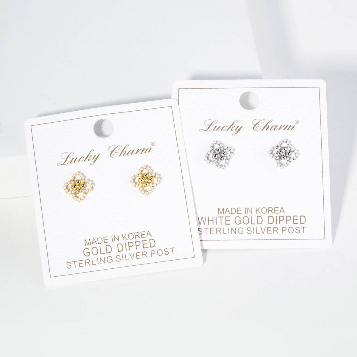18K Gold Dipped Small Pearl Beaded Quatrefoil Stud Earrings