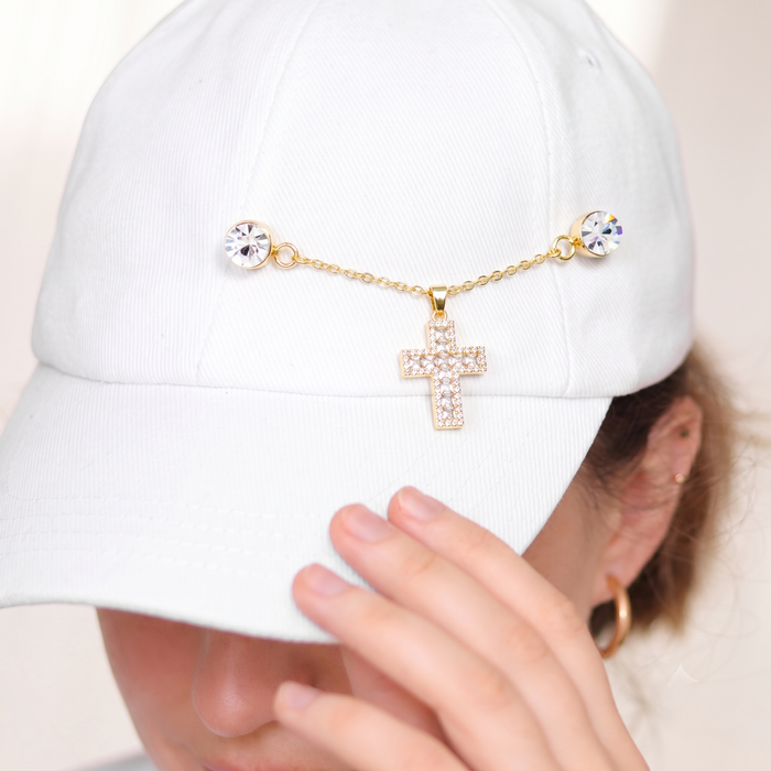 Cubic Zirconia Cross "Cap & Pin" Hat Chain Accessory