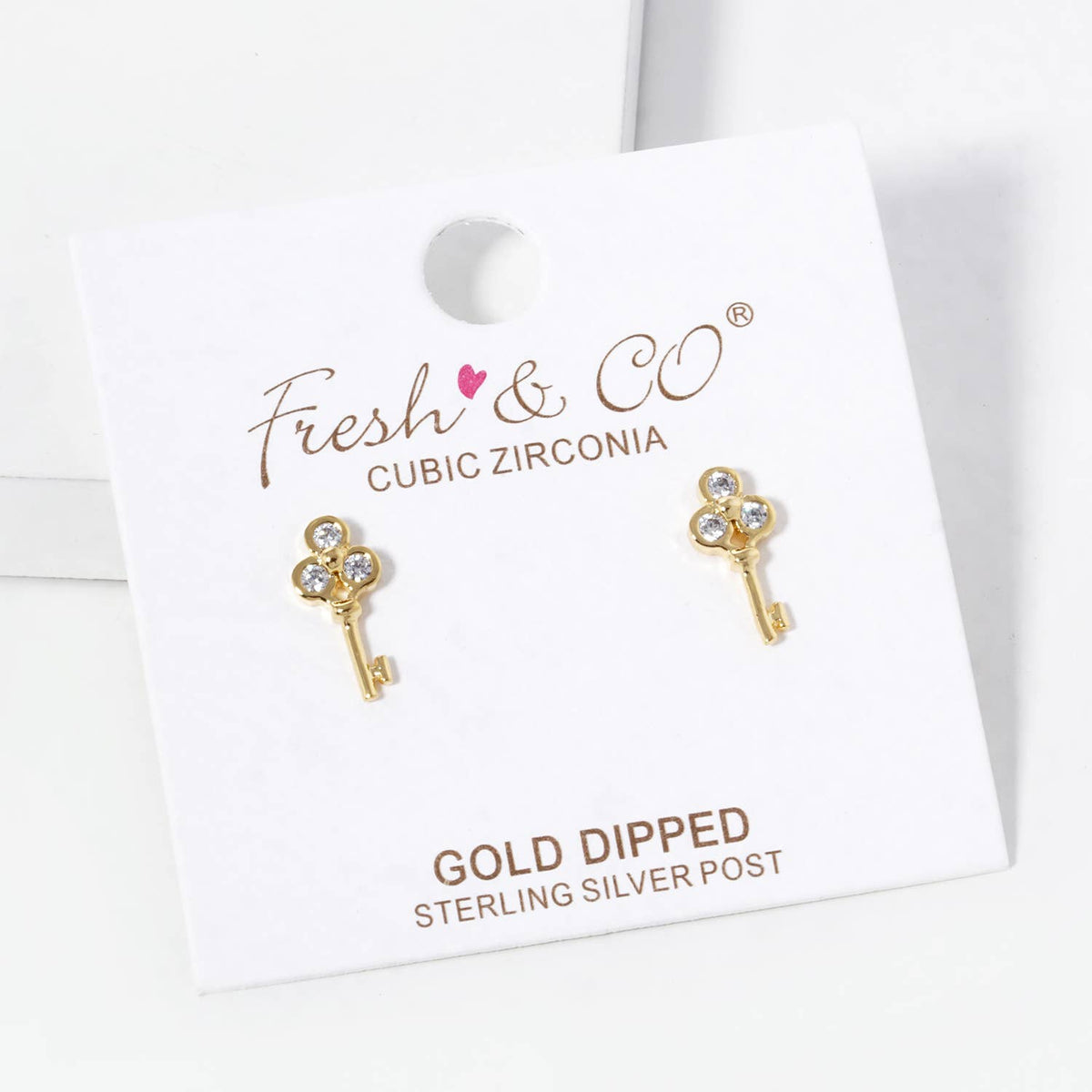 18K Gold Dipped Three CZ Stones Key Stud Earrings