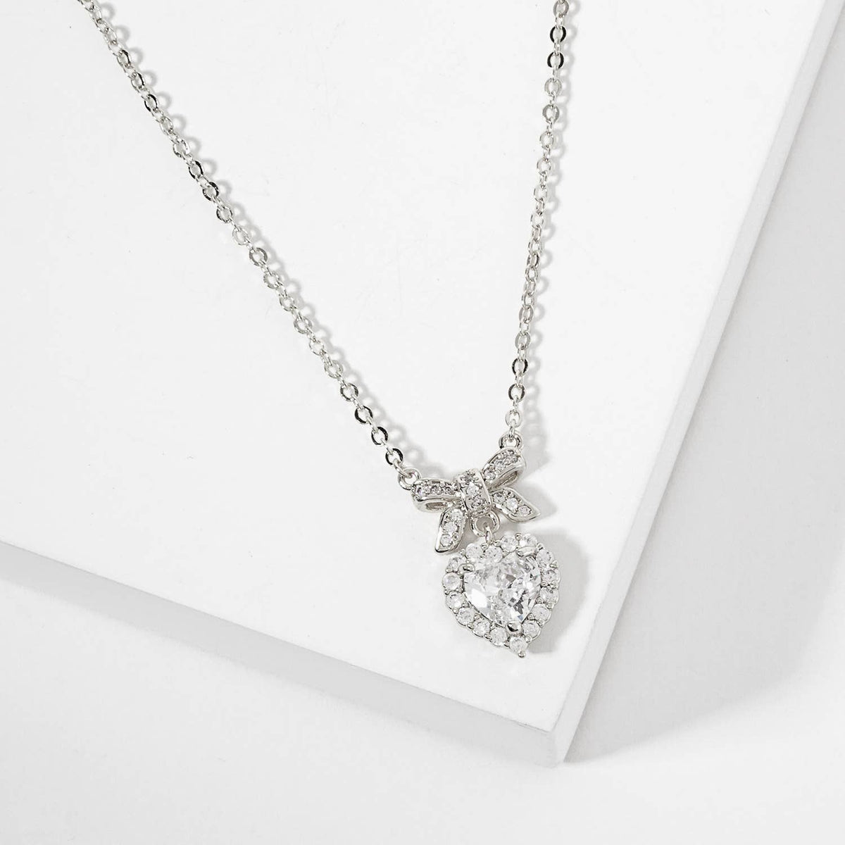Heart CZ-Stone Drop Pave-Set Bow Pendant Necklace