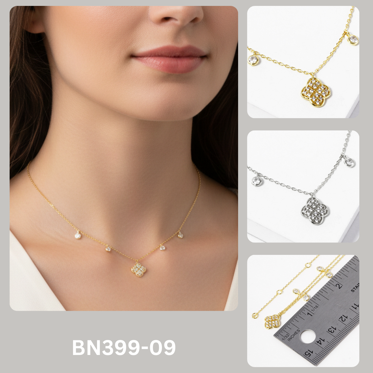 Cubic Zirconia Pave Clover Station Charm Choker Necklace