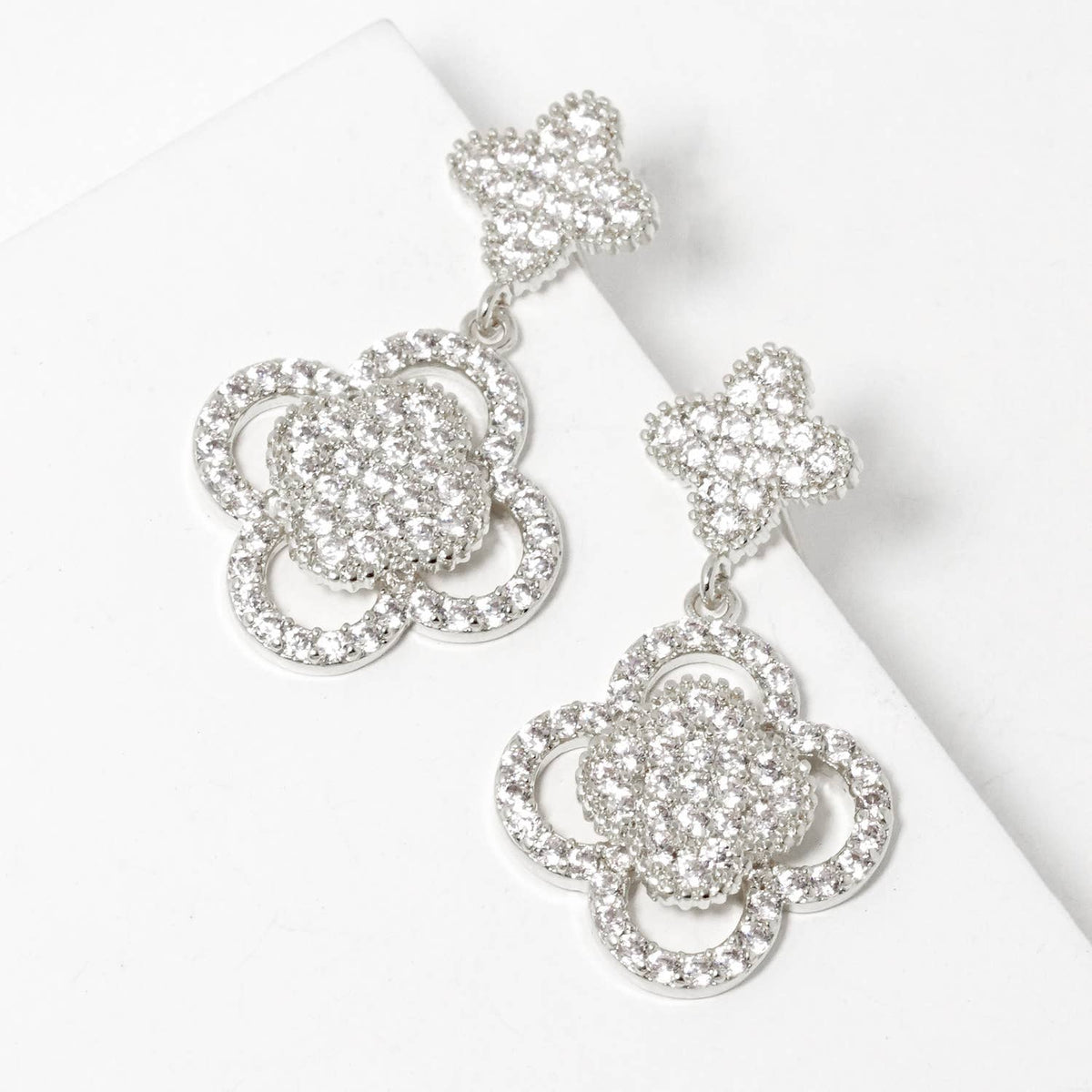 Dainty Cubic Zirconia Double Clover Drop Earrings