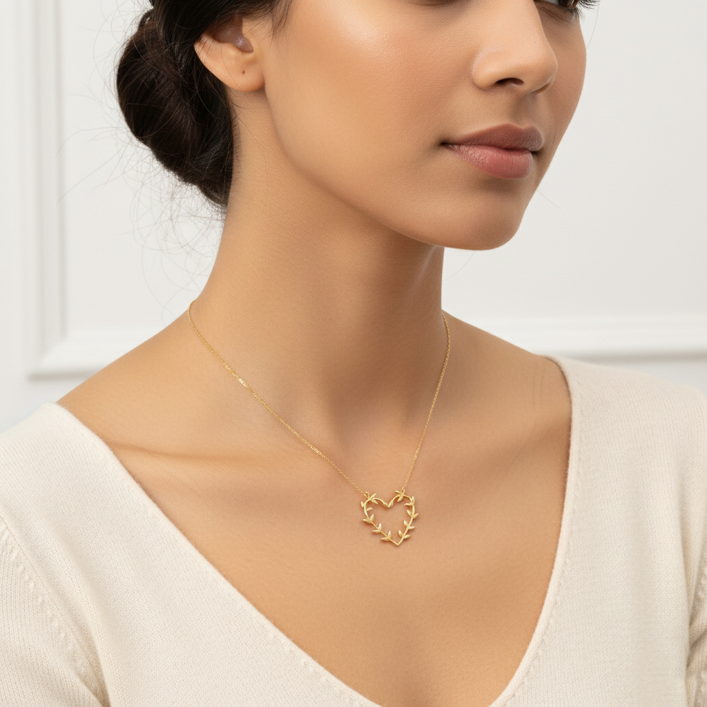Olive Leaf Heart Pendant Necklace / 18K Gold Dipped