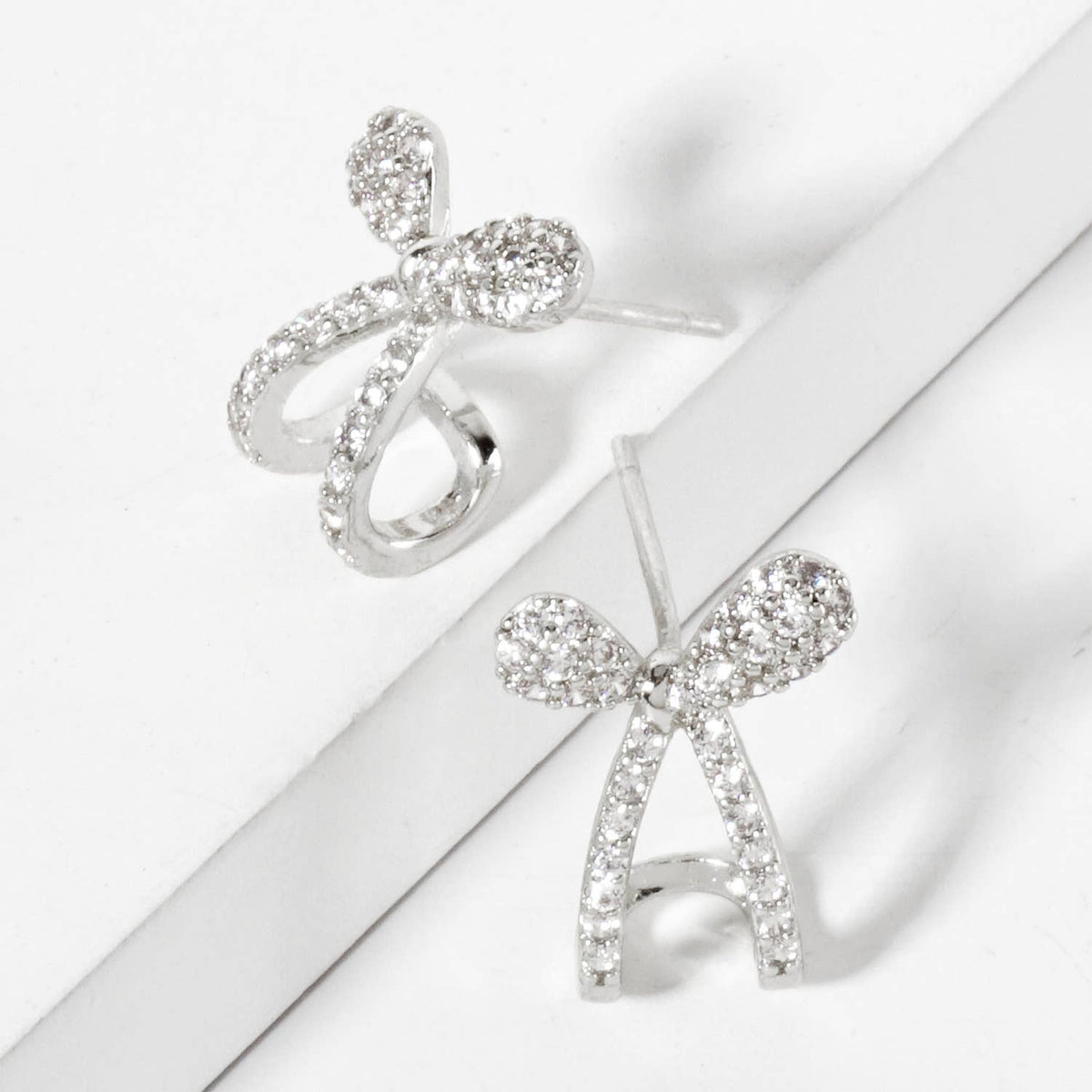 Pave-Set CZ 15mm Bow Open Huggie Hoop Earrings