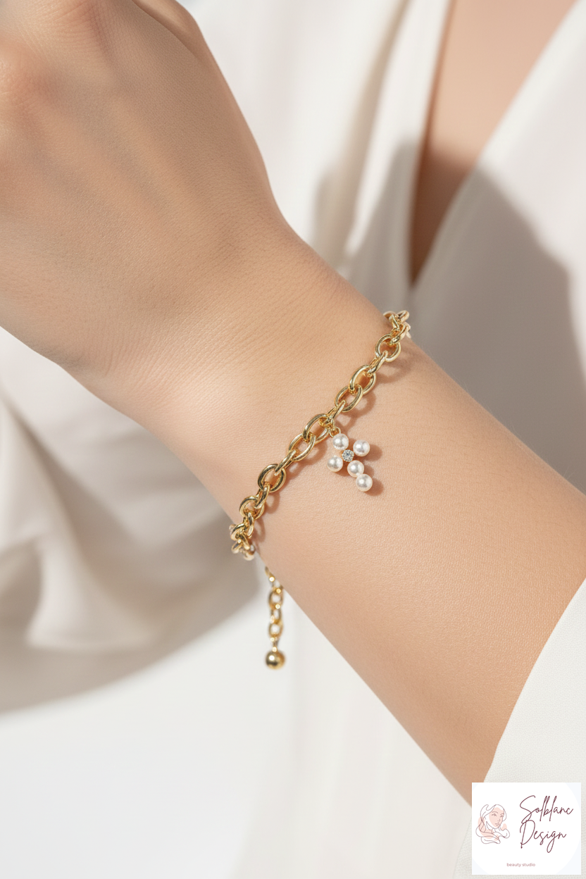 Pearl Cross Charm Chain Bracelet