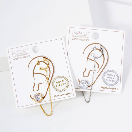 4-Prong 7mm Ear Cuff Drape Chain Earring Set