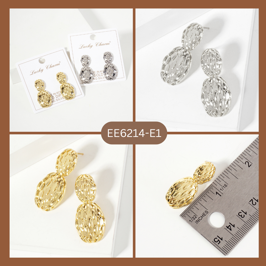 Polished Oval-Texture Peanut-Shaped Brass Earrings