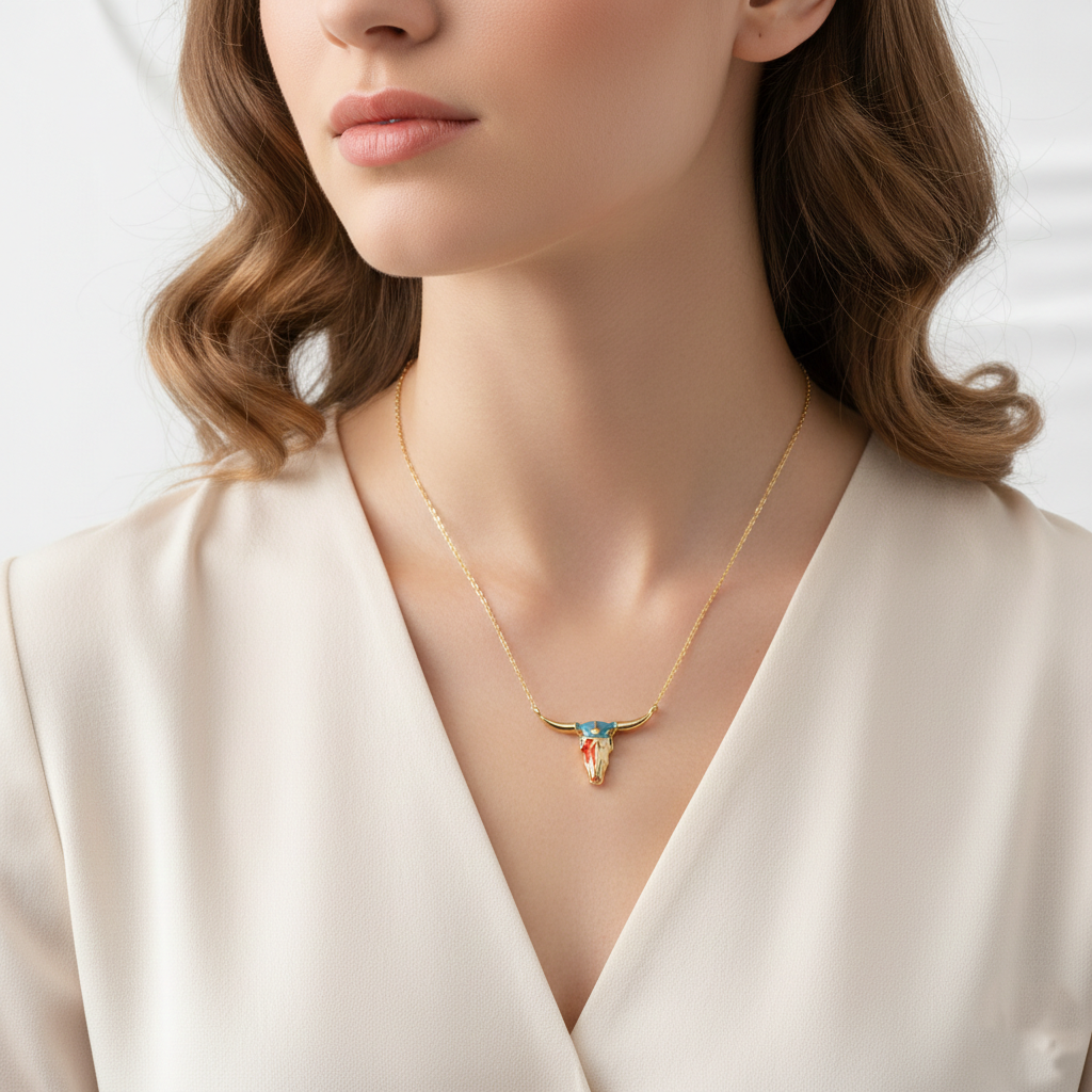 Patriotic Enamel Longhorn Skull Pendant Necklace