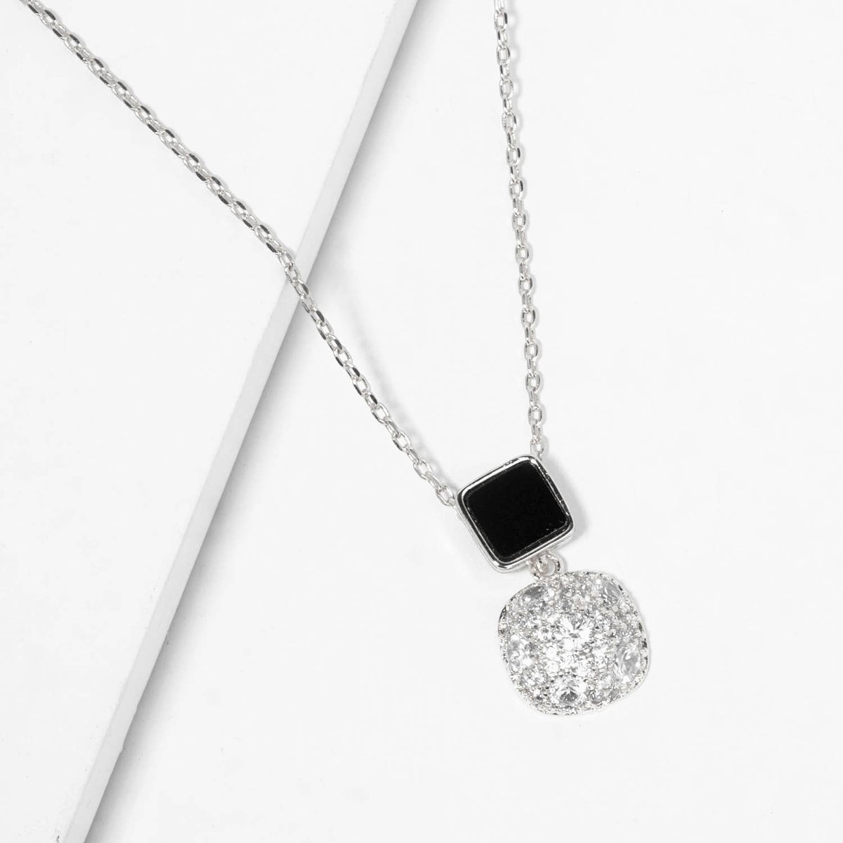 Minimalist Square Onyx and Pavé Cushion Drop Necklace