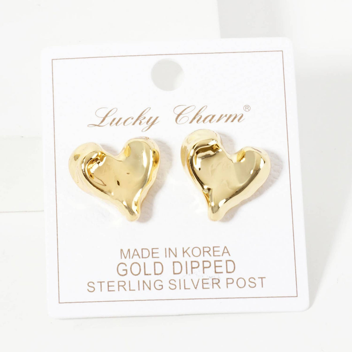 Polished Brass Hand-Pressed Button Heart Stud Earrings