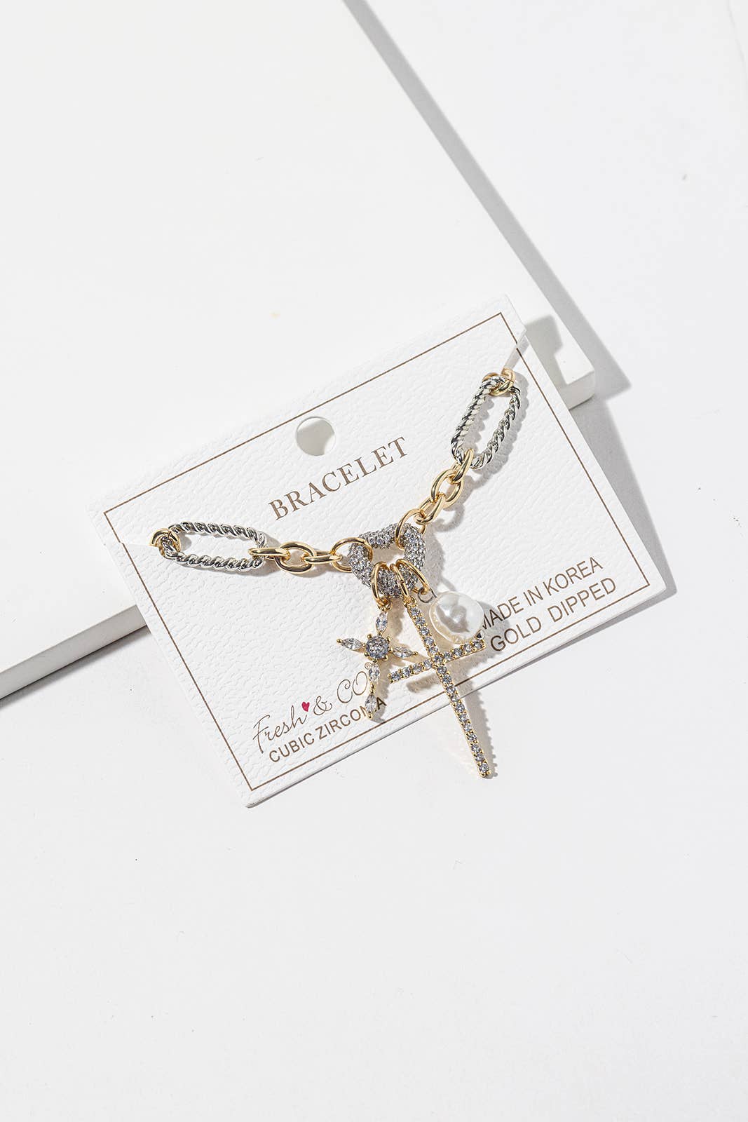 Mixed Metal Cross & Pearl Charm Bracelet