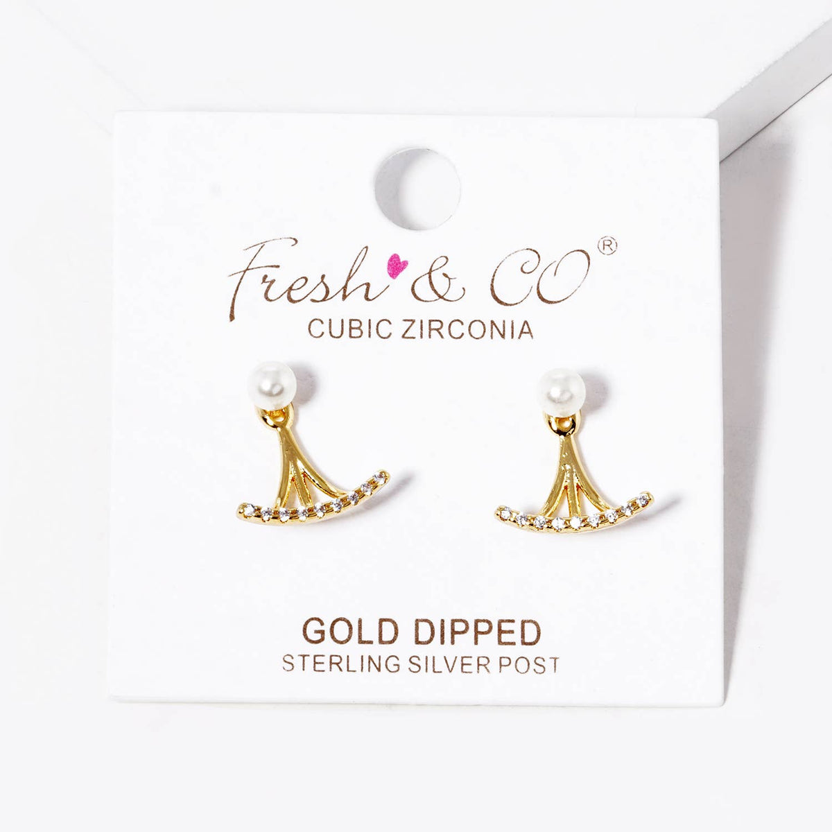 18K Gold Dipped CZ Pave Curved Bar with Pearl Stud Earring