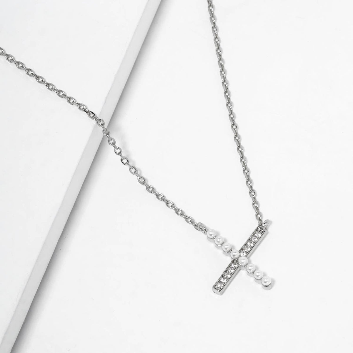 Minimalist CZ and Pearl Criss-Cross Pendant Necklace