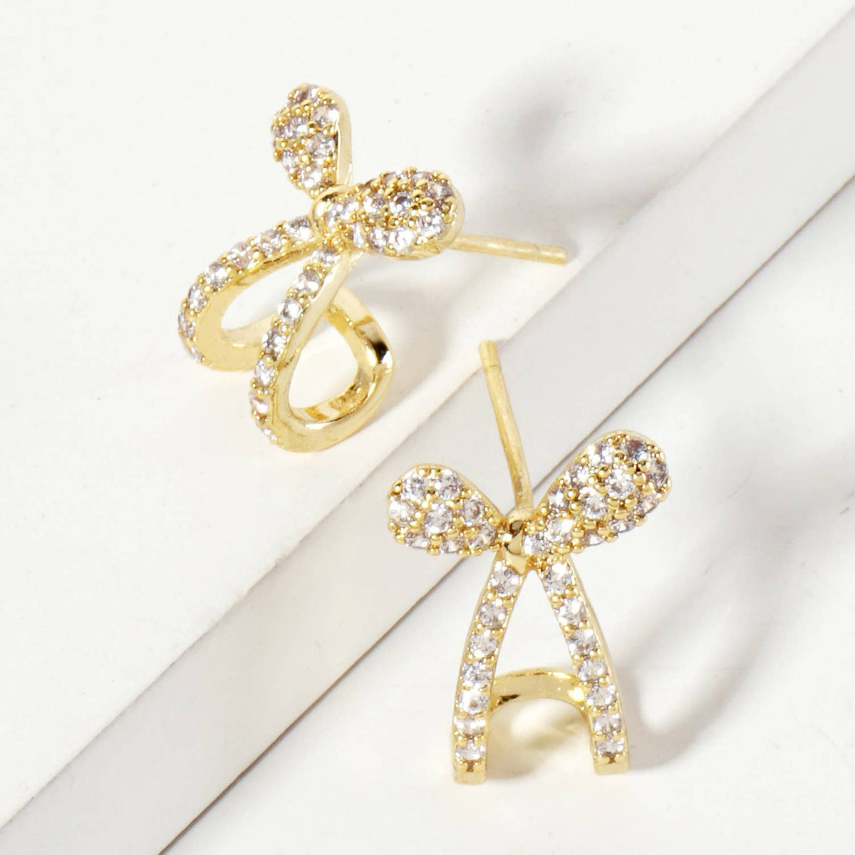 Pave-Set CZ 15mm Bow Open Huggie Hoop Earrings