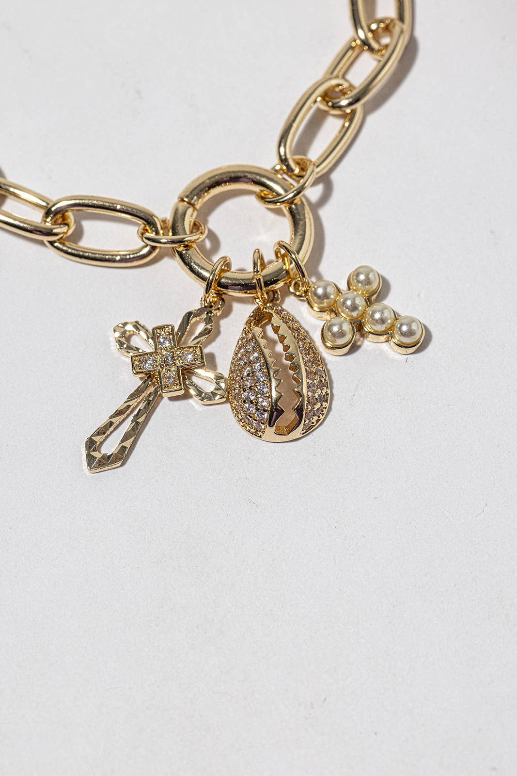 Chunky Chain Charm Bracelet with CZ Cross & Cowrie Shell