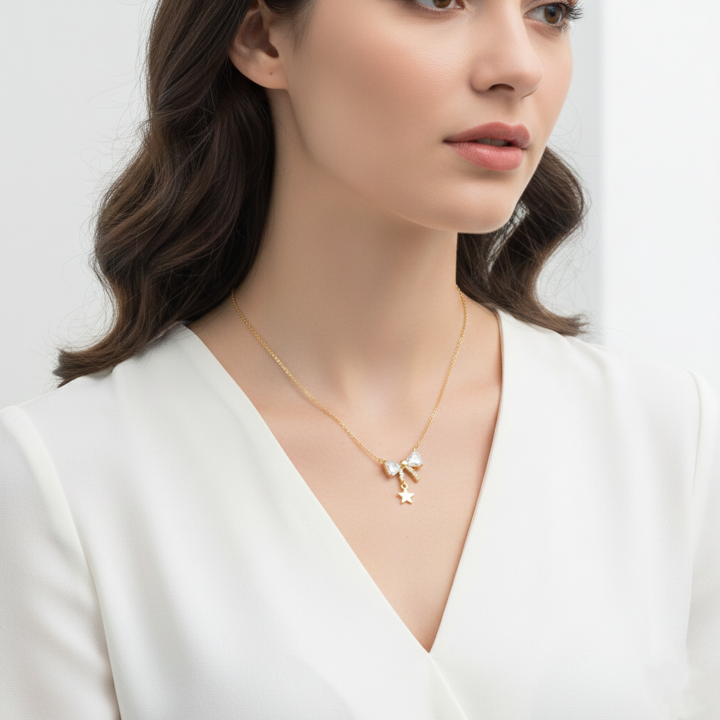Dainty CZ Bow & Star Pendant Necklace
