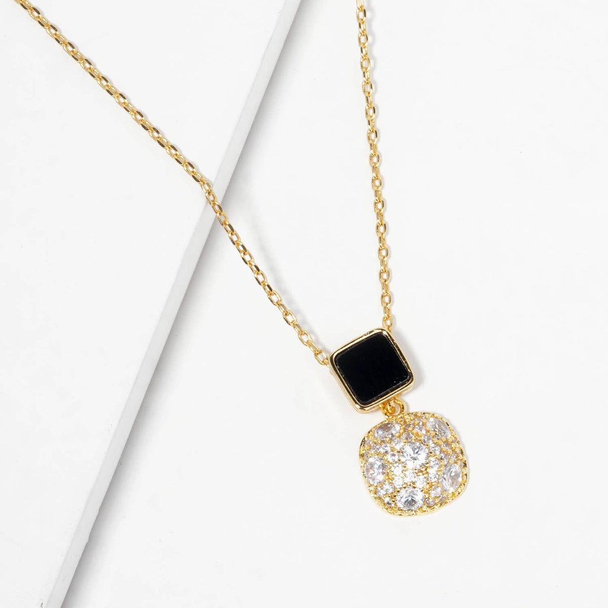Minimalist Square Onyx and Pavé Cushion Drop Necklace
