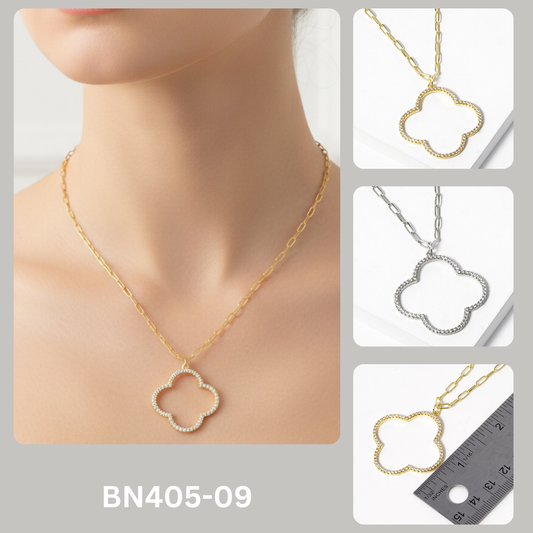 18K Gold Dipped CZ Pave Quatrefoil Pendant Necklace