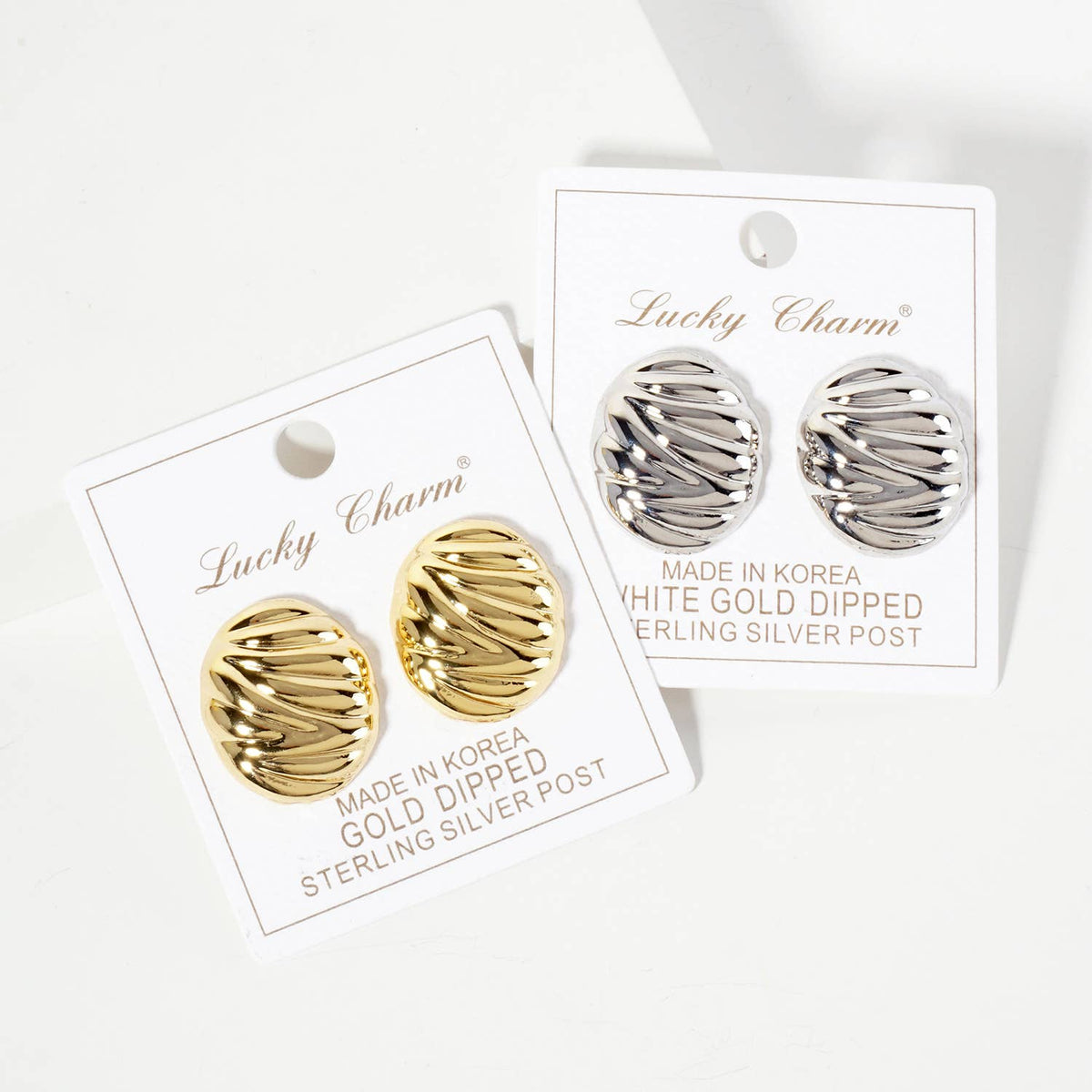 Brass Ribbed Oval-Shaped Stud Earrings