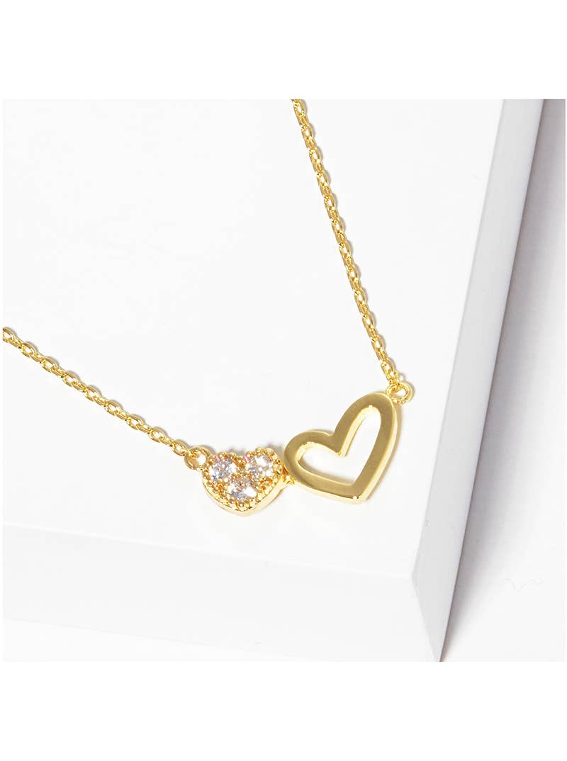 Double Open & Pavé Heart Pendant Necklace