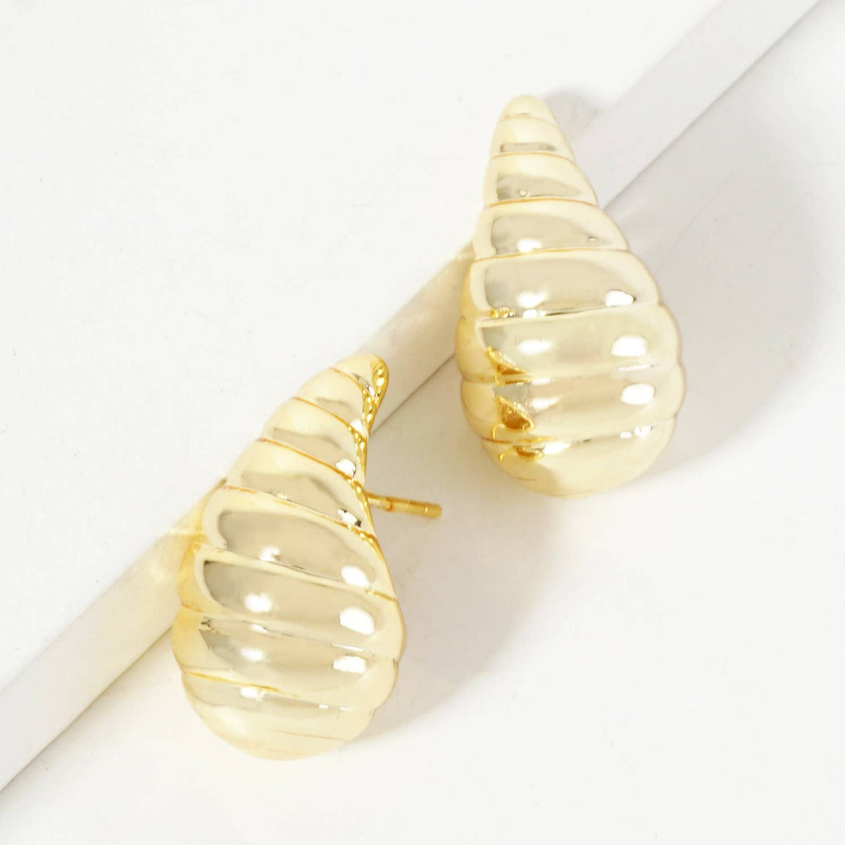 Polished Brass Textured 20mm Puffy Teardrop Stud Earrings
