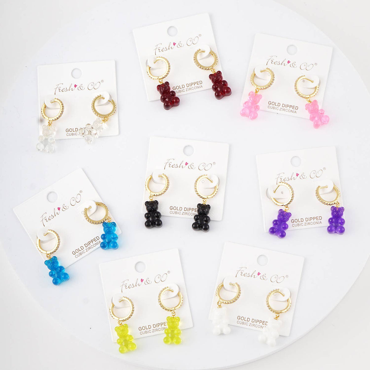 Color Gummy Bear Huggie Earrings with Cubic Zirconia.