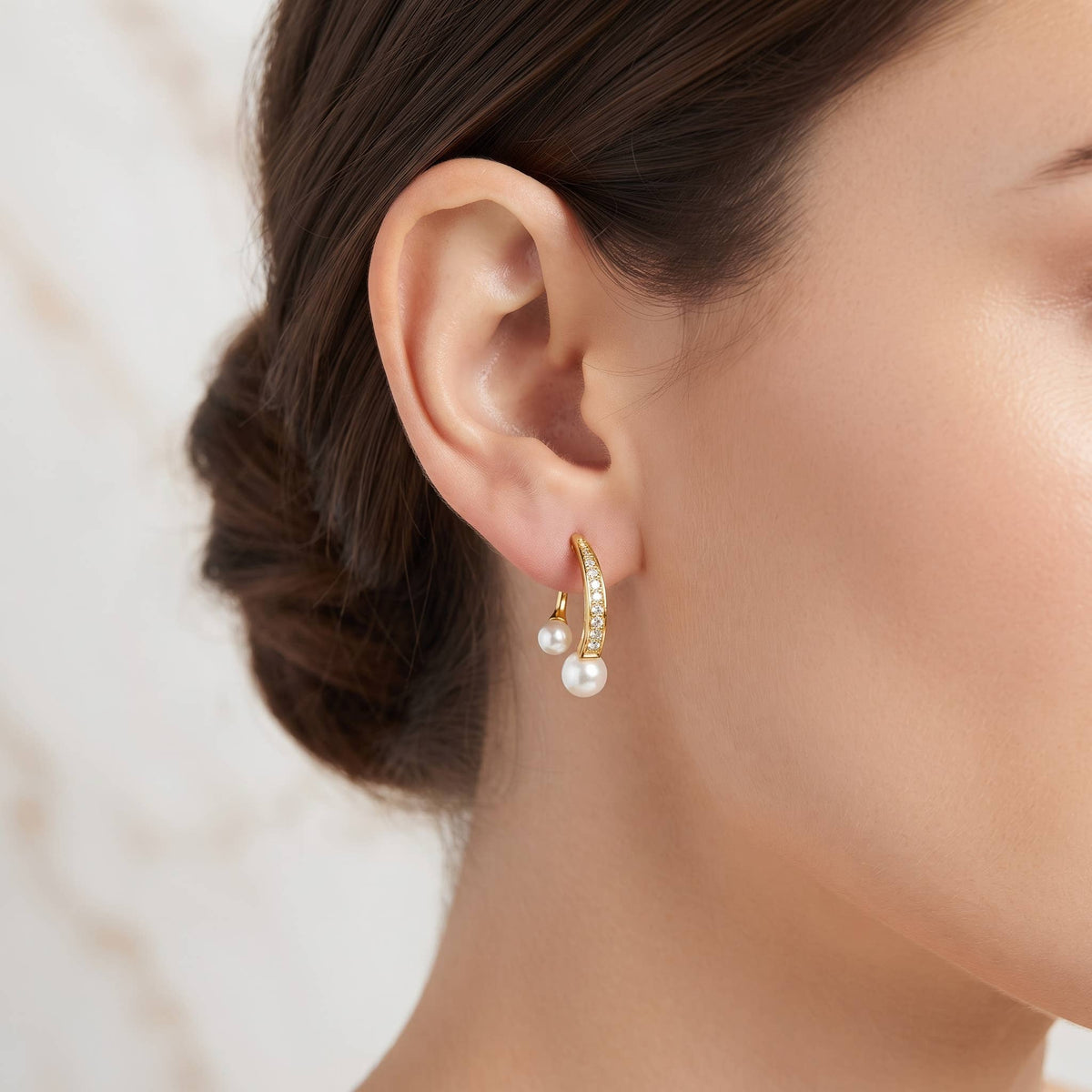 Dainty Pave Cubic Zirconia & Double Pearl Open Hoop Earrings