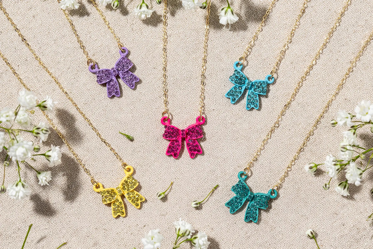 Enamel Crystal Bow Pendant Necklace – Pavé Bow on Chain