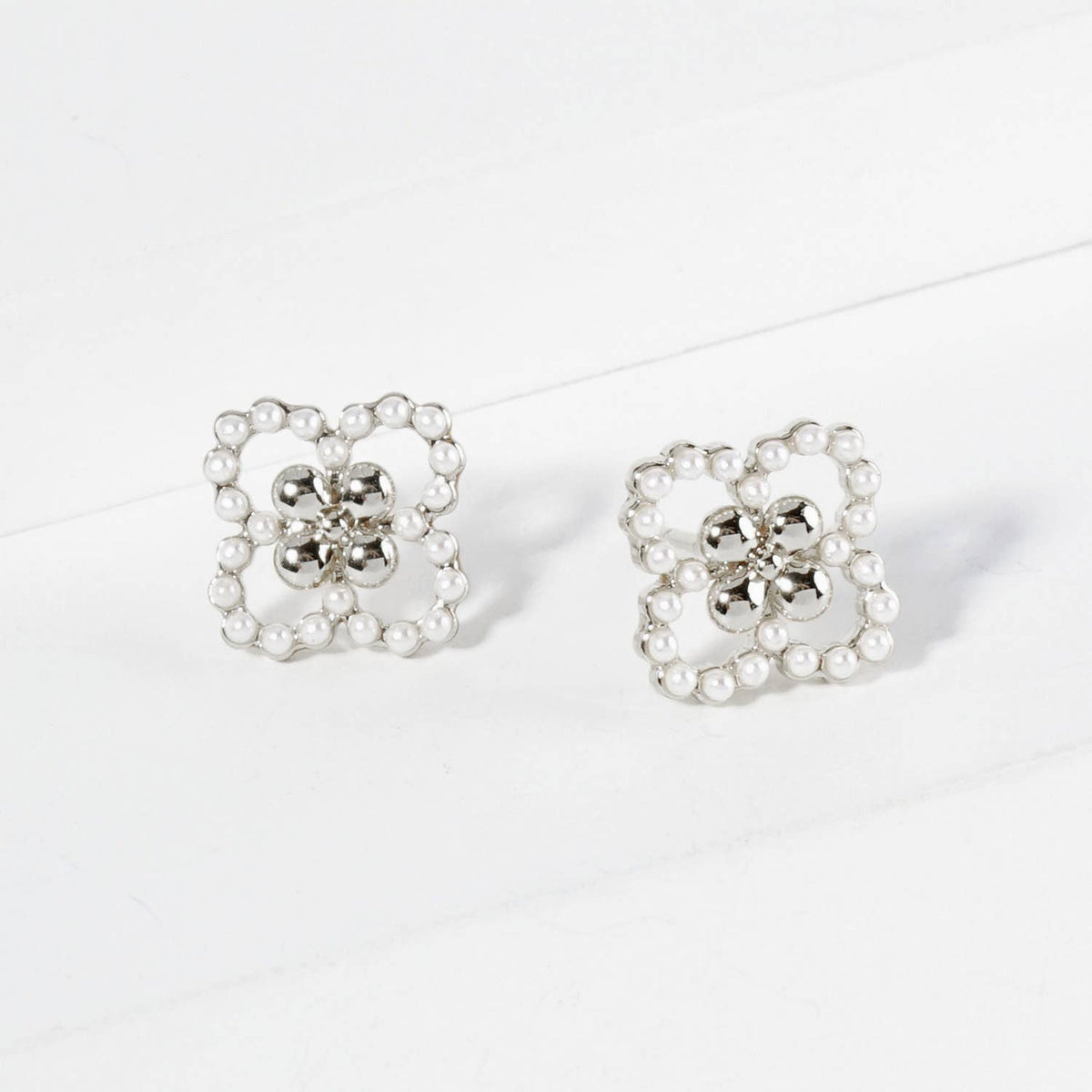 18K Gold Dipped Small Pearl Beaded Quatrefoil Stud Earrings