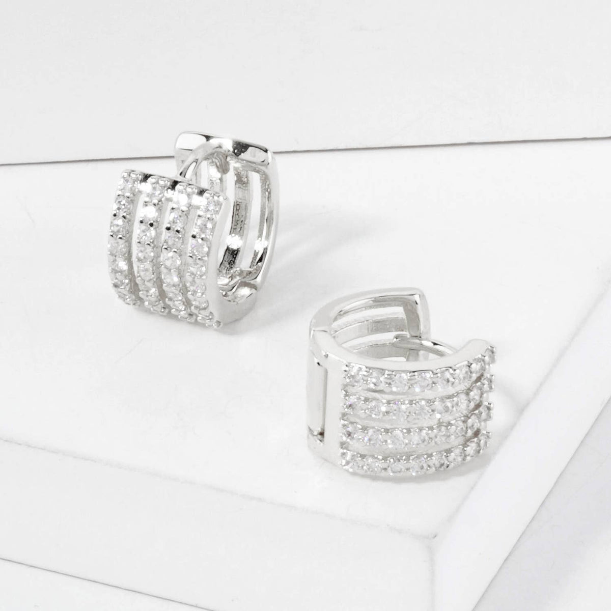 Four Cubic-Zirconia Strands 10mm Huggie Hoop Earrings